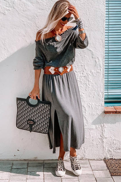 Gray Off Shoulder Maxi Dress with Split