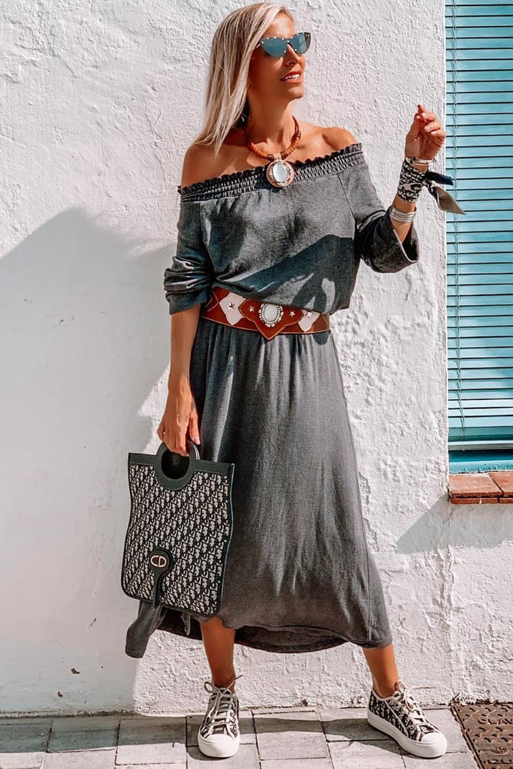 Gray Off Shoulder Maxi Dress with Split