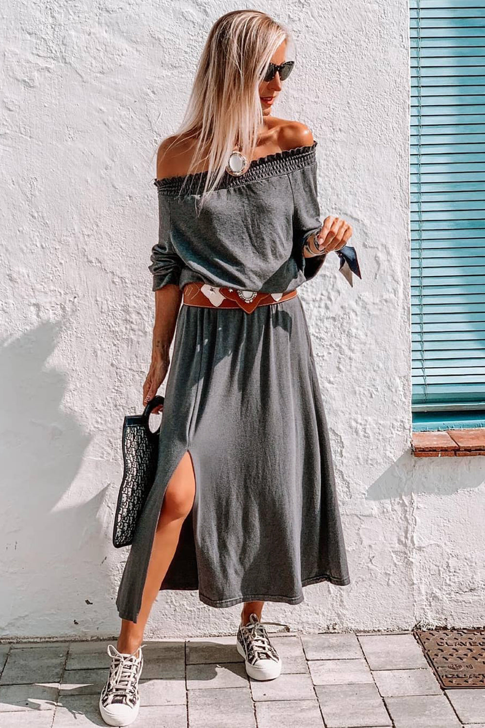 Gray Off Shoulder Maxi Dress with Split