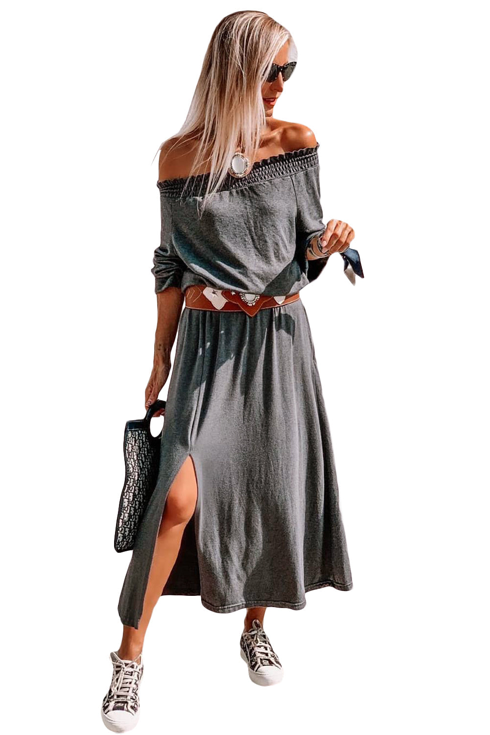 Gray Off Shoulder Maxi Dress with Split