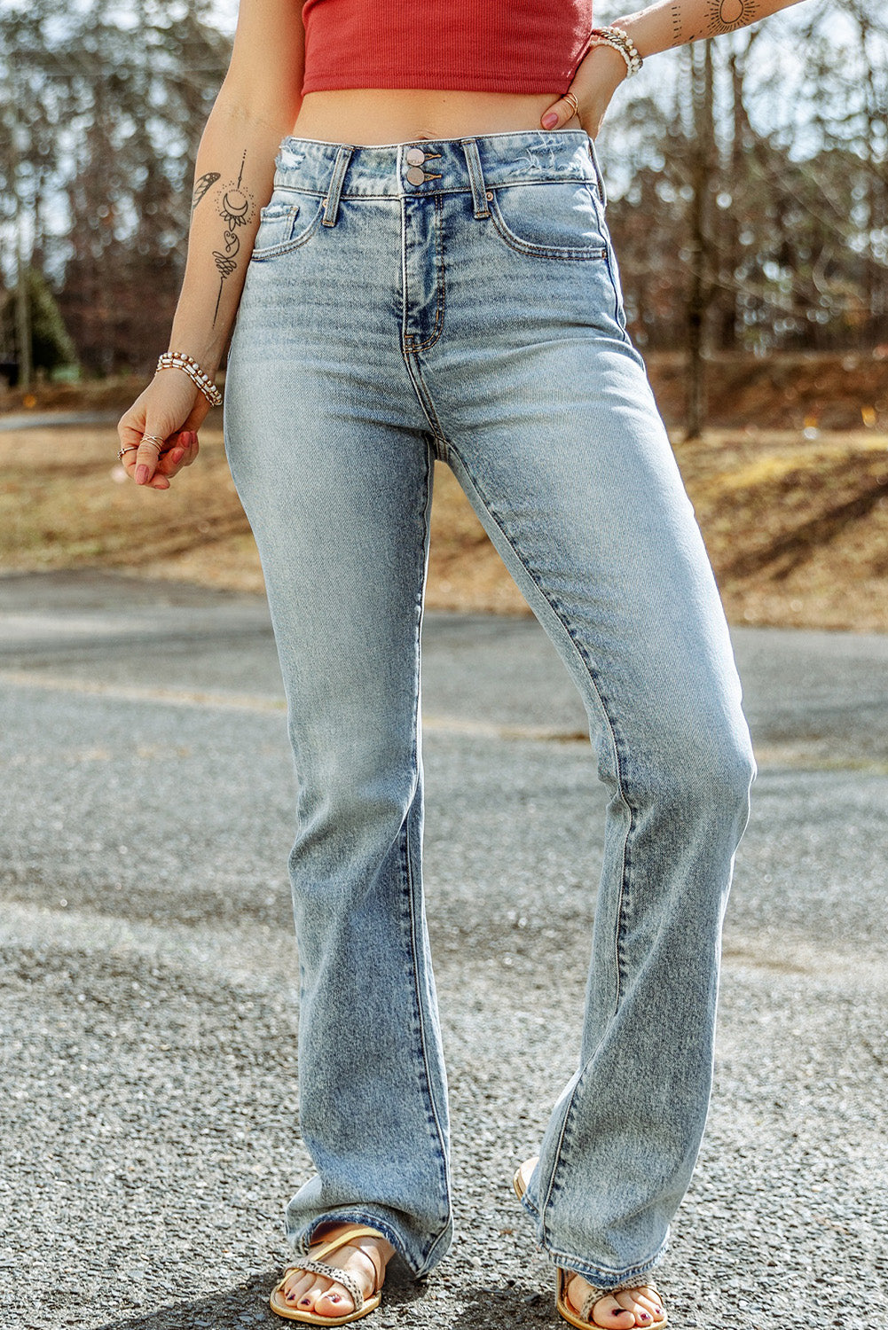 Sky Blue Subtle Ripped Detail Flare Bottom Jean